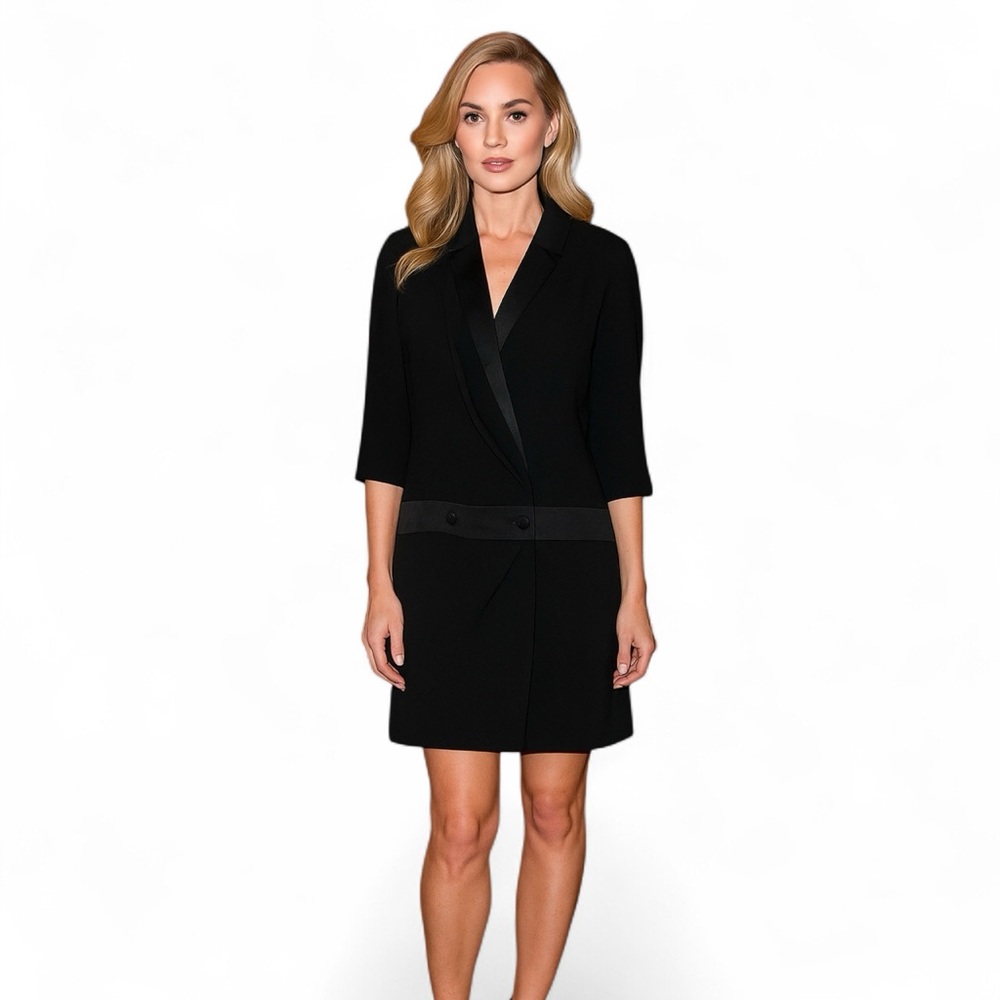 The Kooples sz S NWT Black Crepe and Satin‎ Trim Tuxedo Jacket Wrap Mini Dress